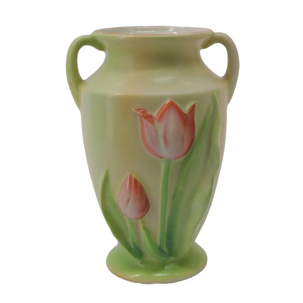 Vintage Amphora Vase Trico Nagoya Japan Tulips Pink Green 5 Inch